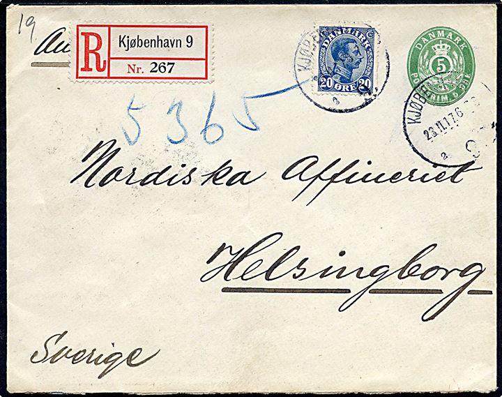 5 øre helsagskuvert opfrankeret med 20 øre Chr. X sendt anbefalet fra Kjøbenhavn d. 23.11.1917 til Helsingborg, Sverige.
