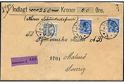 3 øre Bølgelinie og 20 øre Chr. X (2) på værdibrev fra Kjøbenhavn X d. 8.4.1915 til Malmö, Sverige.