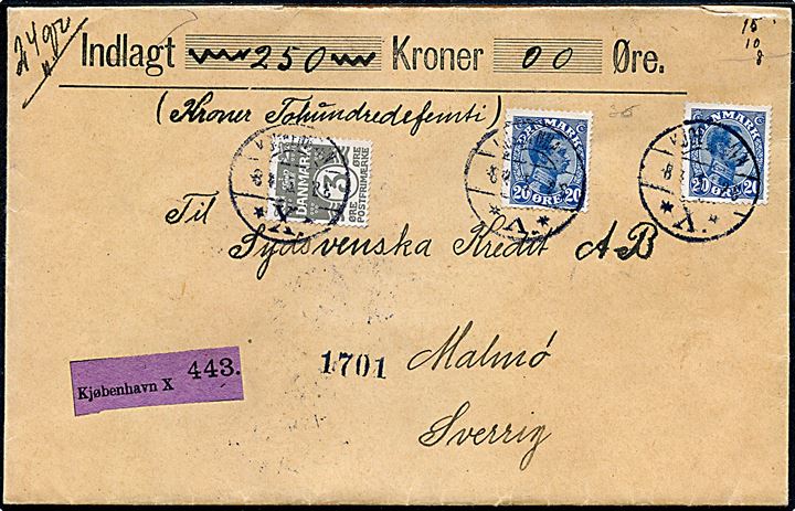 3 øre Bølgelinie og 20 øre Chr. X (2) på værdibrev fra Kjøbenhavn X d. 8.4.1915 til Malmö, Sverige.
