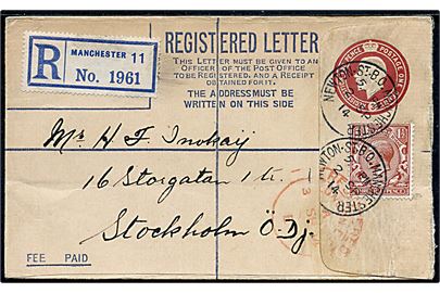 3d George V anbefalet helsagskuvert opfrankeret med 1½d George V fra Manchester d. 2.9.1914 via London til Stockholm, Sverige. Ingen tegn på censur.
