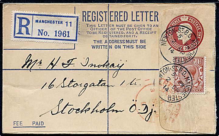 3d George V anbefalet helsagskuvert opfrankeret med 1½d George V fra Manchester d. 2.9.1914 via London til Stockholm, Sverige. Ingen tegn på censur.