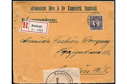 35 öre Gustaf single på anbefalet brev fra Sundsvall d. 1.8.1914 til Berlin, Tyskland. Åbnet af tidlig tysk censur i Hamburg. Ank.stemplet i Berlin d. 8.8.1914.