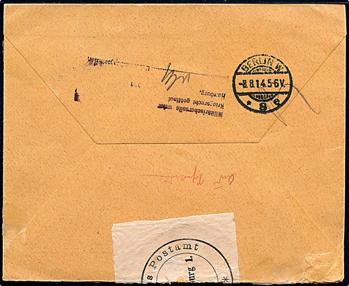 35 öre Gustaf single på anbefalet brev fra Sundsvall d. 1.8.1914 til Berlin, Tyskland. Åbnet af tidlig tysk censur i Hamburg. Ank.stemplet i Berlin d. 8.8.1914.