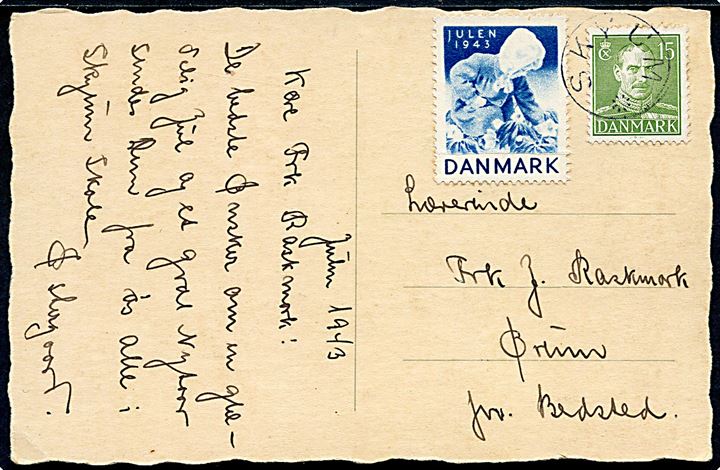 15 øre Chr. X og Julemærke 1943 på julekort annulleret med udslebet stjernestempel SKYUM til Ørum pr. Bedsted.