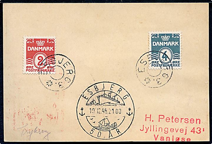 2 øre og 4 øre Bølgelinie på filatelistisk tryksagskort annulleret med udslebet stjernestempel ESBJERG 3. og sidestemplet Esbjerg d. 19.10.1948 til Vanløse.