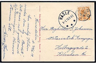 7 øre Chr. X på brevkort (Hammershus) annulleret med stjernestempel VANG og sidestemplet brotype IIIb Hasle d. 1.7.1919 til København.