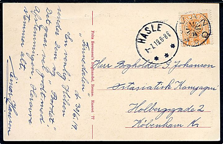 7 øre Chr. X på brevkort (Hammershus) annulleret med stjernestempel VANG og sidestemplet brotype IIIb Hasle d. 1.7.1919 til København.