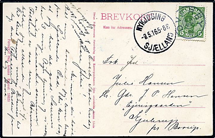 5 øre Chr. X på brevkort (Sjællands Odde) annulleret med stjernestempel OVERBY og sidestemplet Nykjøbing Sjælland d. 9.5.1916 til Borup.