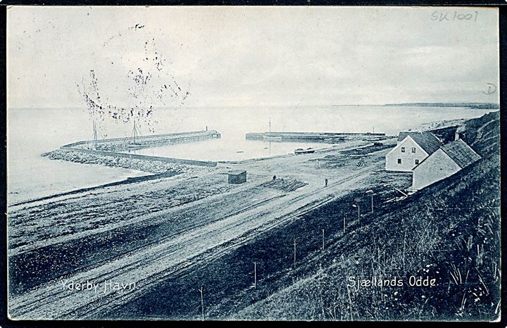 5 øre Chr. X på brevkort (Sjællands Odde) annulleret med stjernestempel OVERBY og sidestemplet Nykjøbing Sjælland d. 9.5.1916 til Borup.