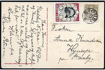3 øre Bølgelinie og Julemærke 1911 på lokalt brevkort (Vejle, Strand ved Fakkegrav) annulleret med stjernestempel STOUBY.