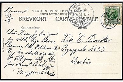 5 øre Fr. VIII på brevkort (Horsens havn) annulleret med stjernestempel STENDERUP og sidestemplet bureau Horsens - Juelsminde T.7 d. 24.4.1907 til Aarhus.