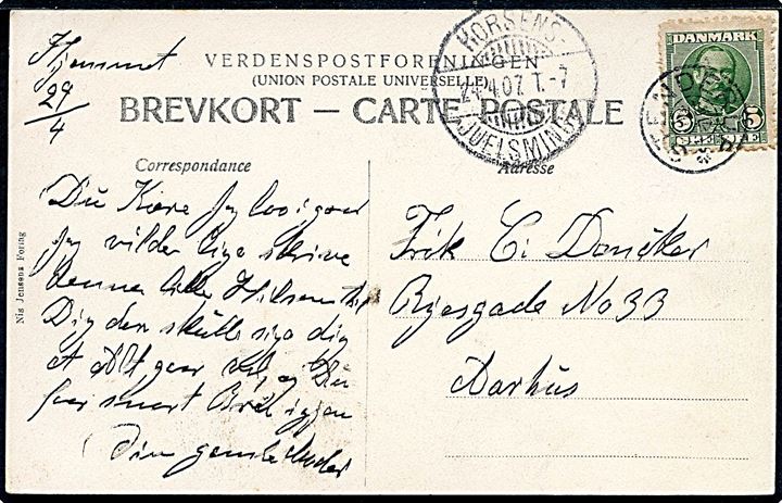 5 øre Fr. VIII på brevkort (Horsens havn) annulleret med stjernestempel STENDERUP og sidestemplet bureau Horsens - Juelsminde T.7 d. 24.4.1907 til Aarhus.
