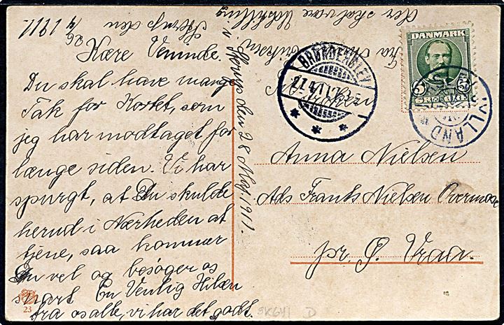 5 øre Fr. VIII på brevkort annulleret med stjernestempel JERSLEV JYLLAND og sidestemplet Brønderslev d. 27.4.1911 til Øster Vraa.