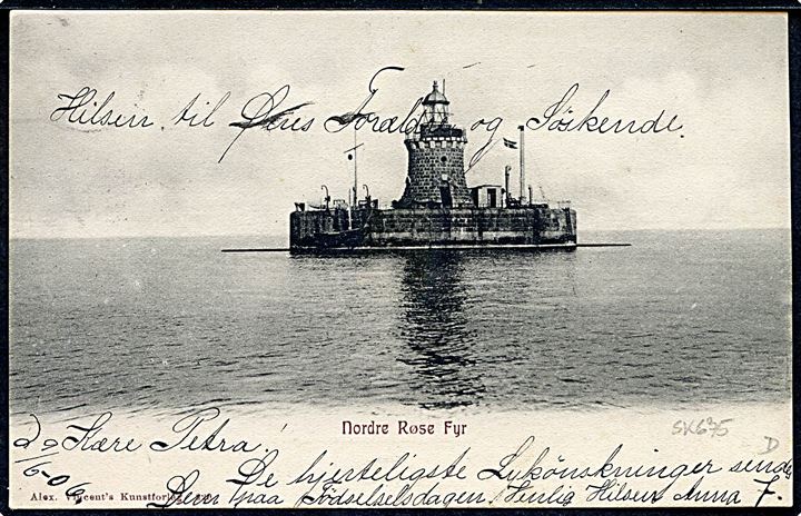 5 øre Chr. IX på brevkort (Nordre Røse Fyr i Øresund) annulleret med stjernestempel KASTRUP og sidestemplet Kjøbenhavn S. d. 9.6.1906 til Ny Kastrupgaard.