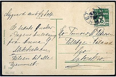 5 øre Bølgelinie på brevkort dateret d. 6.3.1914 annulleret med stjernestempel BIRKET til Tillitze pr. Nakskov.