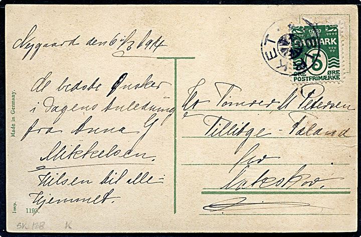 5 øre Bølgelinie på brevkort dateret d. 6.3.1914 annulleret med stjernestempel BIRKET til Tillitze pr. Nakskov.