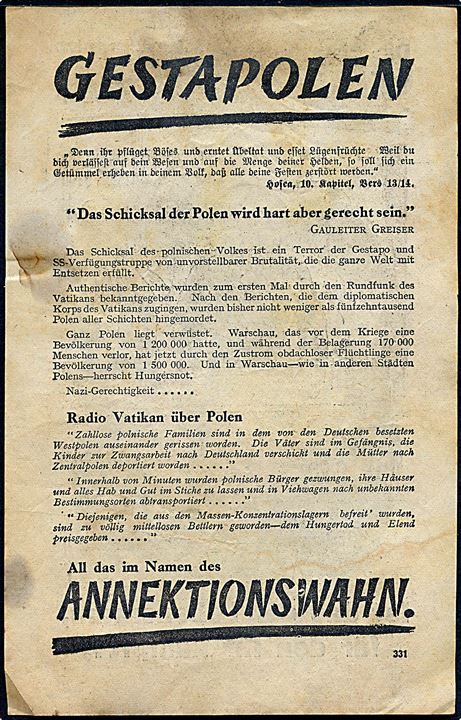 Britisk propaganda flyveblad GESTAPOLEN - Ist das der Lebensraum für den Ihr kämpft? nedkastet af Royal Air Force over Tyskland ca. 1942. Formular 331.