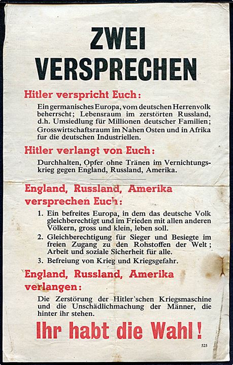Britisk propaganda flyveblad  nedkastet af Royal Air Force over Tyskland ca. 1942. Formular 525.