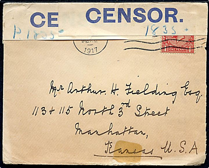 1d George på brev fra Rockerdale d. 28.2.1917 til Manhattan, Kansas, USA. Åbnet af britisk censur i Liverpool med banderole Opened by Censor i blå farve og håndskrevet censor-nr. P.1835.