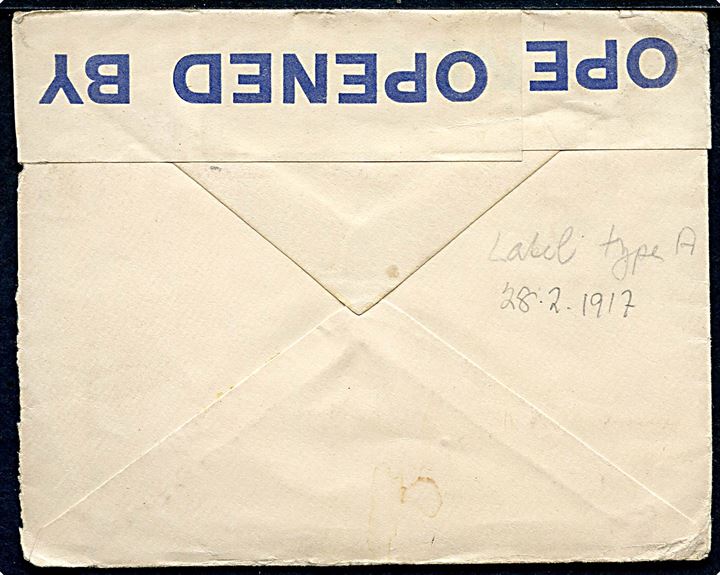 1d George på brev fra Rockerdale d. 28.2.1917 til Manhattan, Kansas, USA. Åbnet af britisk censur i Liverpool med banderole Opened by Censor i blå farve og håndskrevet censor-nr. P.1835.