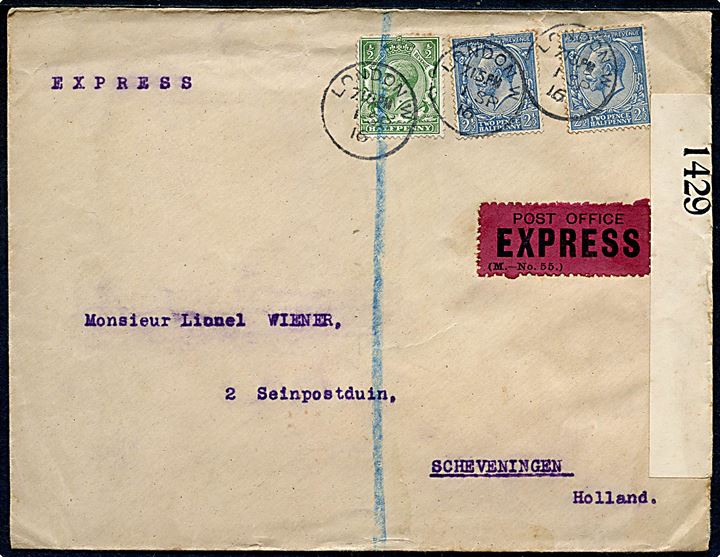 ½d og 2d (2) George V på ekspresbrev fra London d. 1.9.1916 til Scheveningen, Holland. Åbnet af britisk censur no. 1429.
