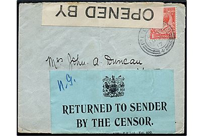 1d George V på brev fra Peebees (?) d. 19.2.1917 til USA. Åbnet af britisk censur med bortklippet censor-nr. og håndskrevet 3411 og blå retur etiket: Returned to sender by the censor.