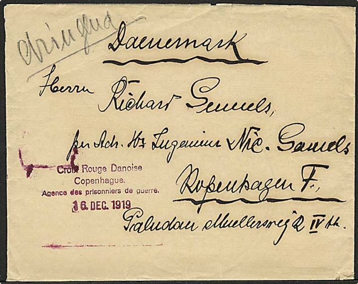 Ufrankeret brev fra Riga, Letland sendt via Dansk Røde Kors d. 16.12.1919 til København. 