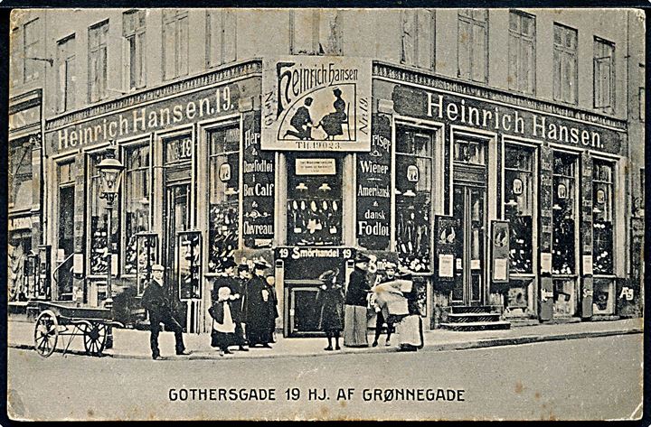 Gothersgade 19 hj. Grønnegade med Heinrich Hansens skotøjshandel. Elite Lystryk Anst. u/no. Afrevet mærke. Kvalitet 6