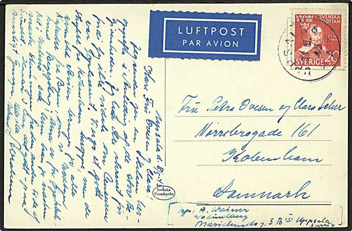 20 öre Svenska Flottan på luftpost brevkort fra Uppsala d. 11.5.1945 til København, Danmark. Uden censur - den censurløse periode.
