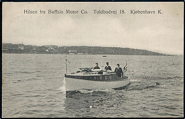 Toldbodvej 18, Hilsen fra “Buffabo Motor Co.” med motorbåd i Øresund. U/no. Kvalitet 8