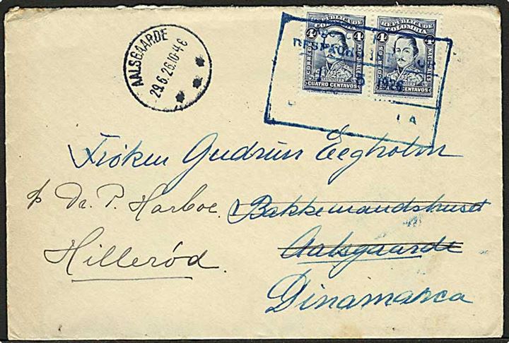4 c. i parstykke på brev fra Baranquilla 1926 til Aalsgaarde, Danmark - eftersendt til Hillerød med brotype IIIb Aalsgaarde d. 29.6.1926.