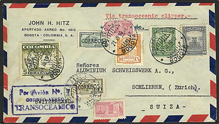 Blandingsfrankeret luftpostbrev fra Bogota d. 21.3.1949 til Schlieren, Schweiz. 