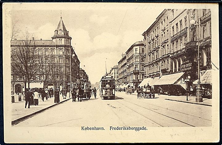 Frederiksborggade 24-26 og sporvogn no. 142. Dansk Fotografisk Kunstforlag no. 188. Kvalitet 7