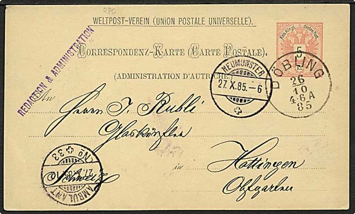 5 kr. helsagsbrevkort fra Döbling d. 26.10.1885 via bureau Ambulant No. 33 til Hattingen, Schweiz.