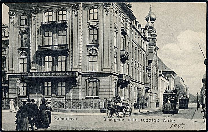 Bredgade hj. Frederiksgade med russiske kirke og sporvogn linie 6 no. 518. Stenders no. 10680. Kvalitet 8