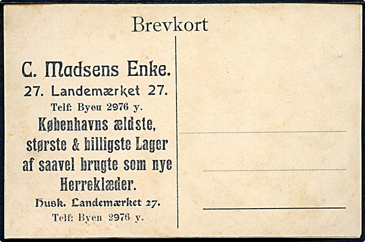 Landemærket 27 med C. Madsens Enke. Reklamekort no. 1858. Kortet har været delt. Kvalitet 7