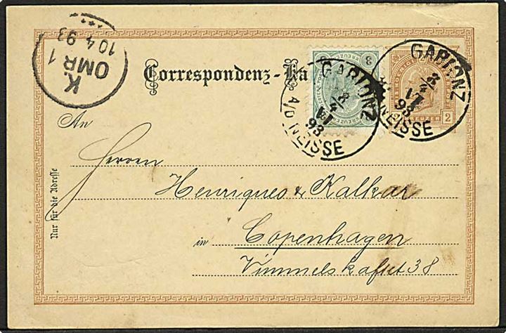 2 kr. helsagsbrevkort opfrankeret med 3 kr. Franz Joseph fra Gablonz a/d Neisse d. 8.4.1893 til København, Danmark.