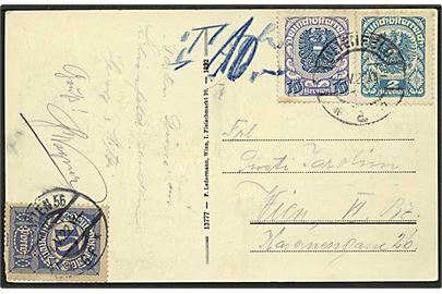 2 kr. og 10 kr. Deutschösterreich udg. på underfrankeret brevkort fra Lilienfeld d. 2.5.1922 til Wien. Udtakseret i porto med 10 kr. Postomærke stemplet Wien.