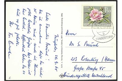 1,50 s. Blomst på brevkort (Grænse skilte) stemplet Jungholz/Tirol Sondertarif d. 5.9.1965 til Rotenburg, Tyskland. Eneste adgang til eksklaven Jungholz (7 km2) er gennem Tyskland. Området har tidl. benytet tysk valuta og har både tysk og østrigsk postnummer.