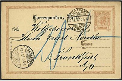 Østrigsk 2 kr. helsagsbrevkort anvendt fra Budapest i Ungarn d. 10.4.1894 til Frankfurt a/Oder, Tyskland. Markeret ugyldig og udtakseret i 20 pfg. tysk porto.