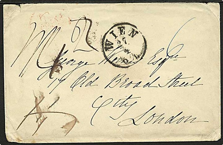1857. Ufrankeret brev fra Wien d. 27.4.1857 til London, England. Ank.stemplet London d. 30.4.1857. Bagklap mangler.