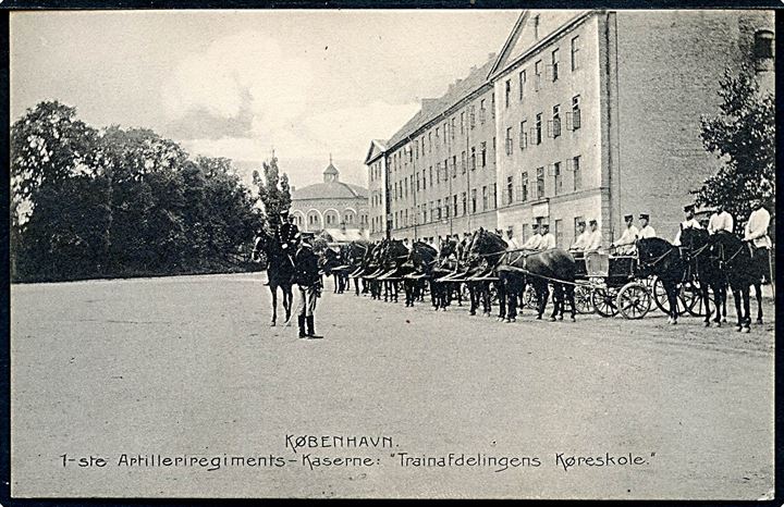 Baadsmandsstræde 1-ste Artilleriregiments Kaserne med Trainafdelingens Køreskole. Stenders no. 6374. Kvalitet 9