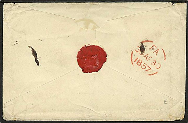 1857. Ufrankeret brev fra Wien d. 27.4.1857 til London, England. Ank.stemplet London d. 30.4.1857. Bagklap mangler.