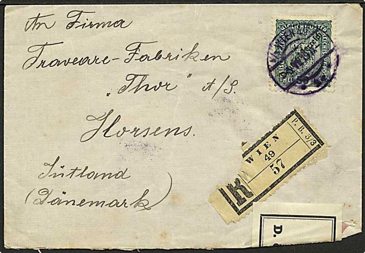 50 h. Deutschösterreich provisorium single på anbefalet brev fra Wien d. 5.11.1919 til Horsens, Danmark. Åbnet af østrigsk censur.