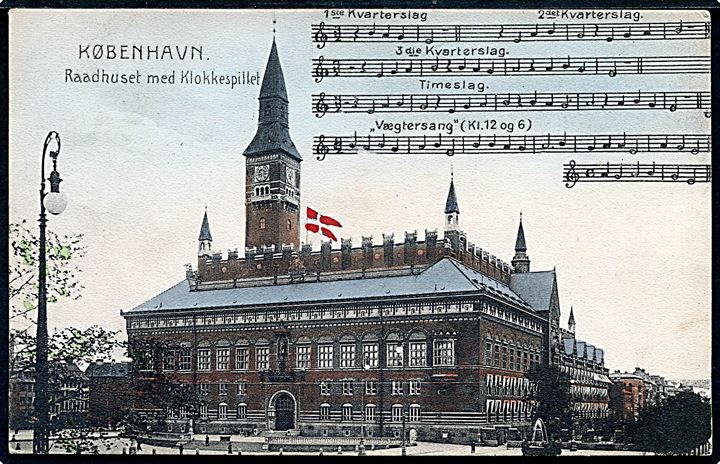 Københavns Raadhus med noder til klokkespillet. Stenders no. 19729. Kvalitet 8