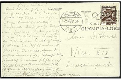 12 gr. Landskabs udg. på brevkort annulleret med TMS Kauft Olympiade-Lose/Salzburg d. 7.8.1936 til Wien.