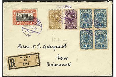 15 h., 25 h., 1 Kr. (fireblok) og 2 kr. Deutschösterreich udg. på anbefalet brev fra Wien d. 24.1.1921 til Skive, Danmark.