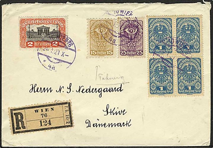 15 h., 25 h., 1 Kr. (fireblok) og 2 kr. Deutschösterreich udg. på anbefalet brev fra Wien d. 24.1.1921 til Skive, Danmark.