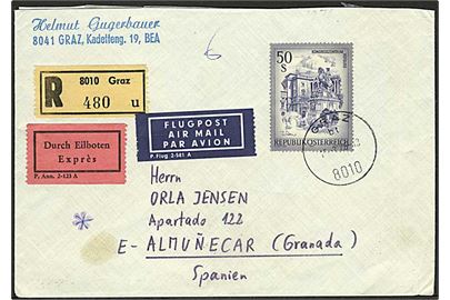 50 s. Hofburg single på anbefalet luftpost ekspresbrev fra Graz 1976 til Almunecar, Spanien.