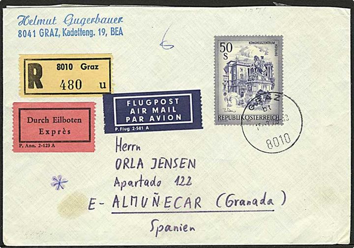 50 s. Hofburg single på anbefalet luftpost ekspresbrev fra Graz 1976 til Almunecar, Spanien.